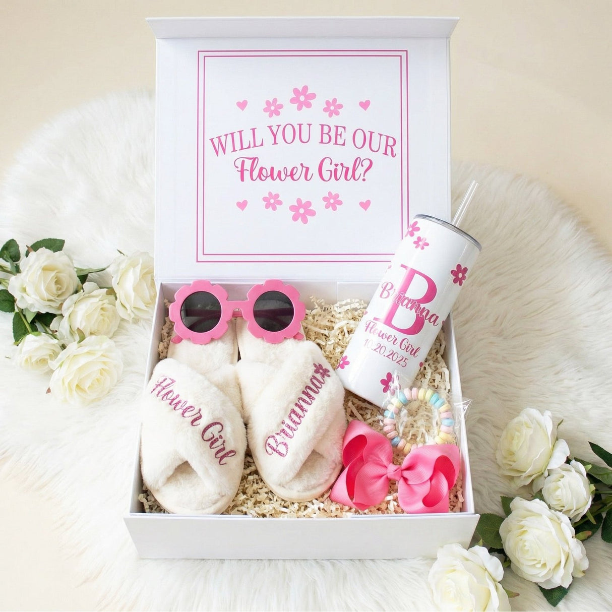 Sweet Pea Flower Girl Proposal Box with Fluffy Slippers & Tumbler - Gifts Are Blue