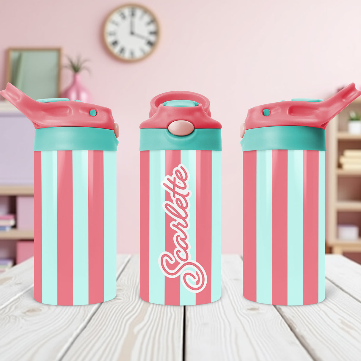 Durable custom kids water bottle featuring multicolor stripes and printed name for everyday use.