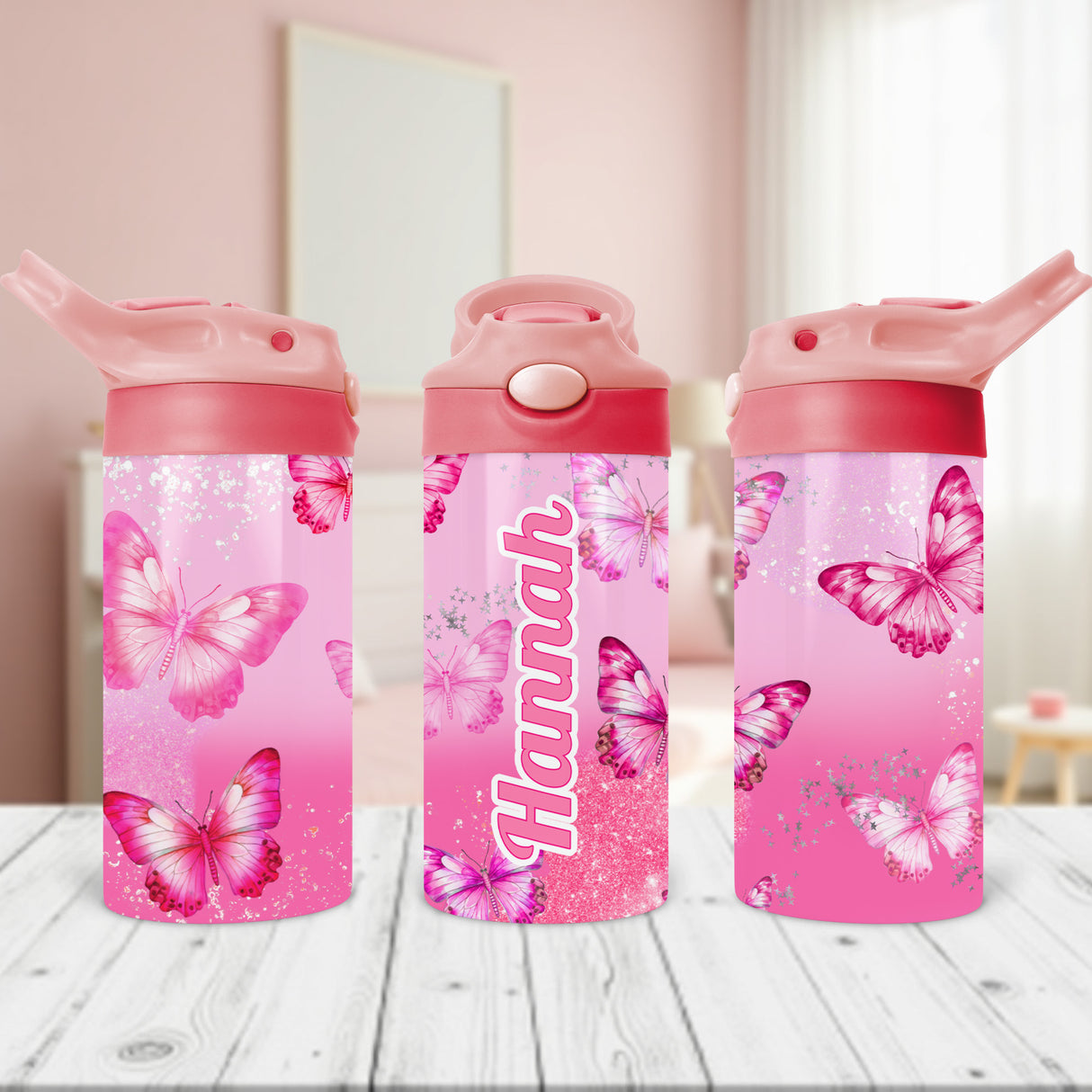 Personalized butterfly tumbler for kids is the best back to school gift for girls who love butterlfys and pink.
