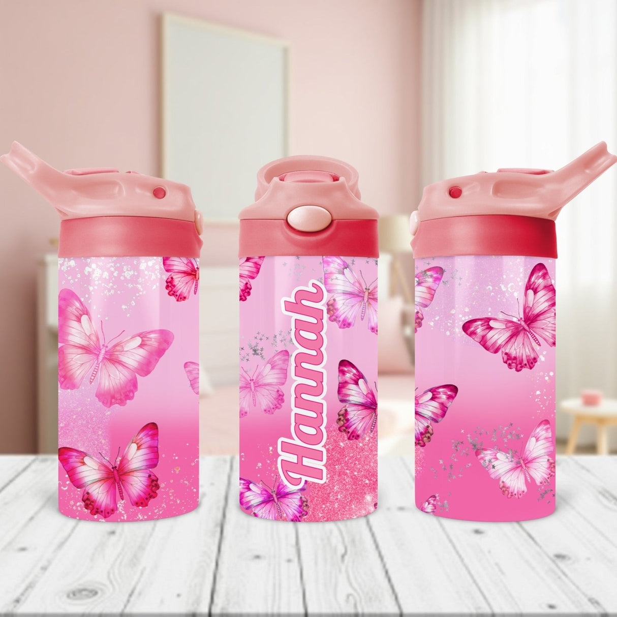 Personalized butterfly tumbler for kids is the best back to school gift for girls who love butterlfys and pink.