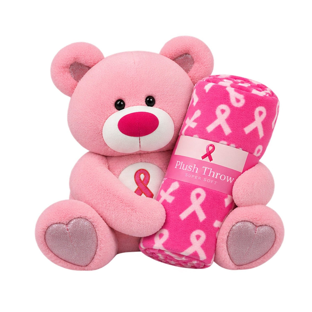 Pink Ribbon Plush Teddy Bear and Plush Throw Blanket Set - Gifts Are Blue
