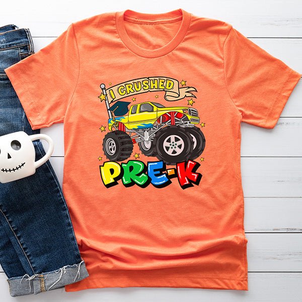 Back 2 School Kindergarten shirt announcing I crushed Pre-K. Available as crewneck, long sleeved and sweatshirt. all SKUs