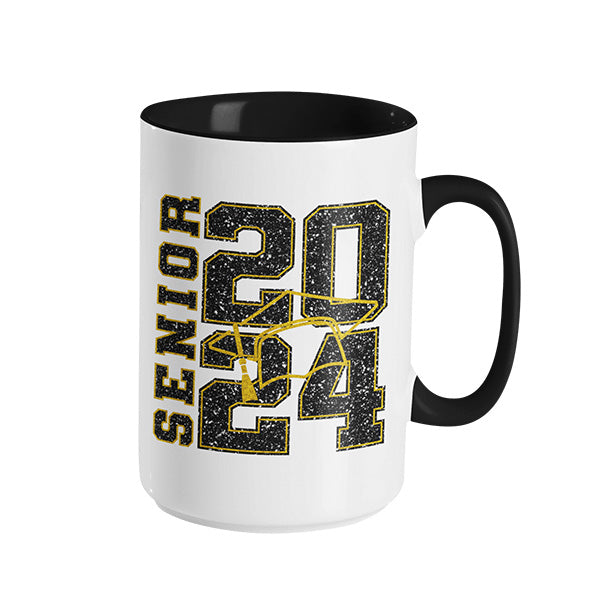 Black and white graduation coffee mug with glitter that says Senior 2024. A keepsake for 2024 graduates. All SKUs.
