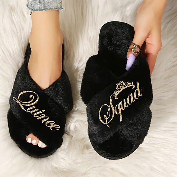Personalized Fluffy Mis Quince Slippers with Name and Design for Quinceanera Gifts