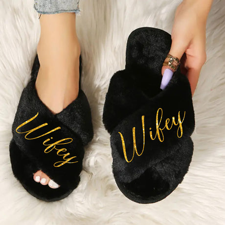 Black oft Faux Fur Wifey Slippers for Wife, Perfect for Birthday, Christmas, or Wedding Gift Ideas.
