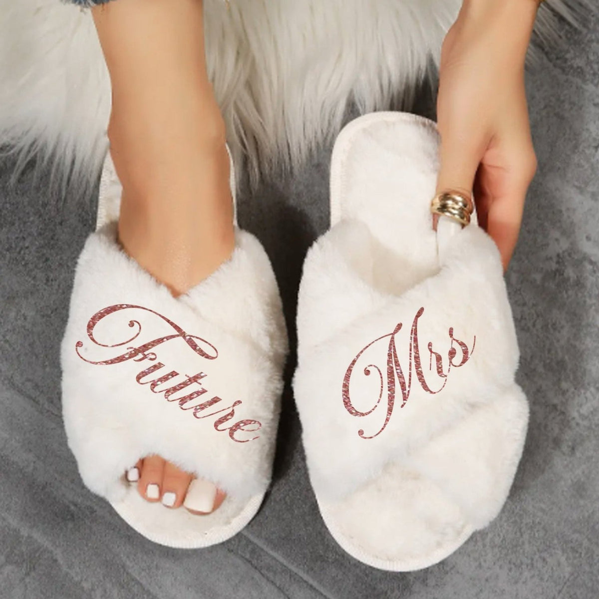 Future Mrs slippers used as a personalized engagement gift for her, perfect bride-to-be gift idea.