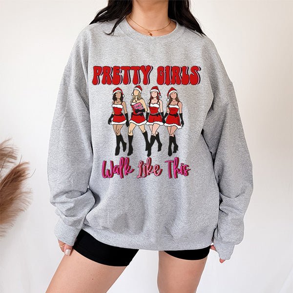 Funny Pretty Girls Walk Like This Christmas Sweatshirt with Movie Characters - Gifts Are Blue