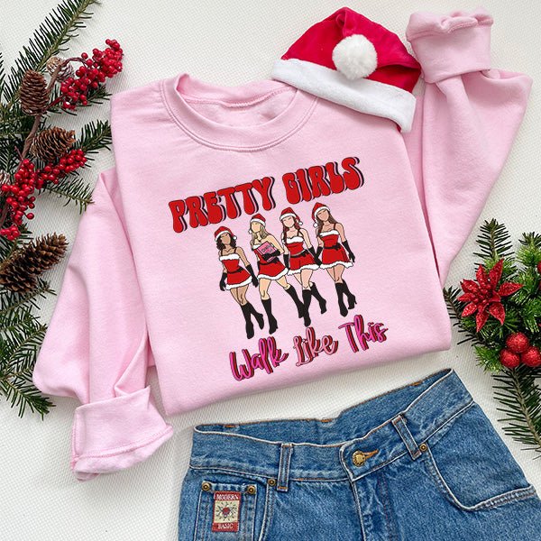 Funny Pretty Girls Walk Like This Christmas Sweatshirt with Movie Characters - Gifts Are Blue