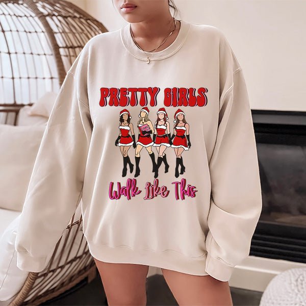 Funny Pretty Girls Walk Like This Christmas Sweatshirt with Movie Characters - Gifts Are Blue
