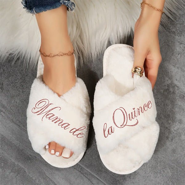 Cute Personalized Fluffy Quinceanera Slippers with Name and Design - Gifts Are Blue