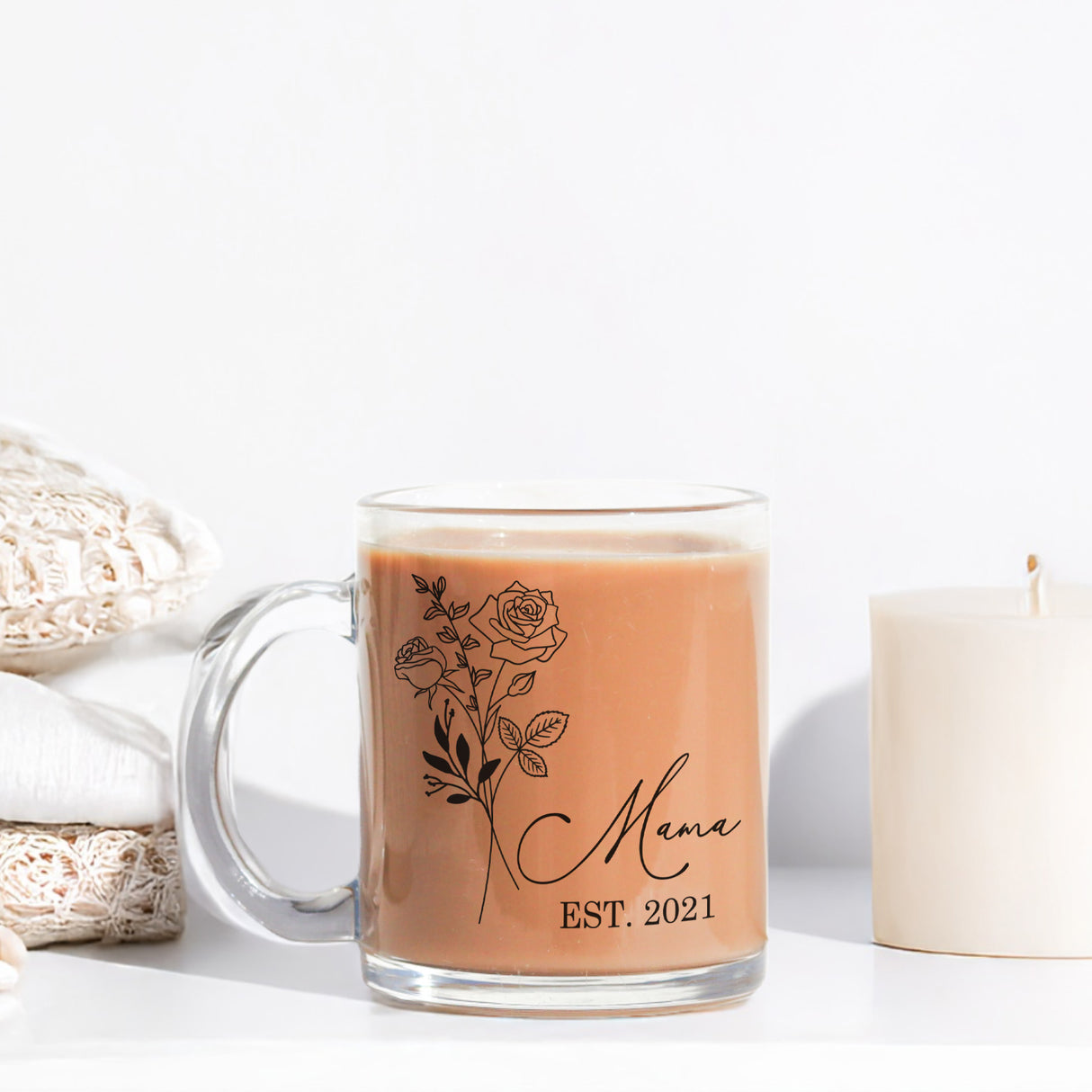 Personalized Birth Flower Glass Mug custom birth month coffee mug perfect gift for Grandma or Nana.