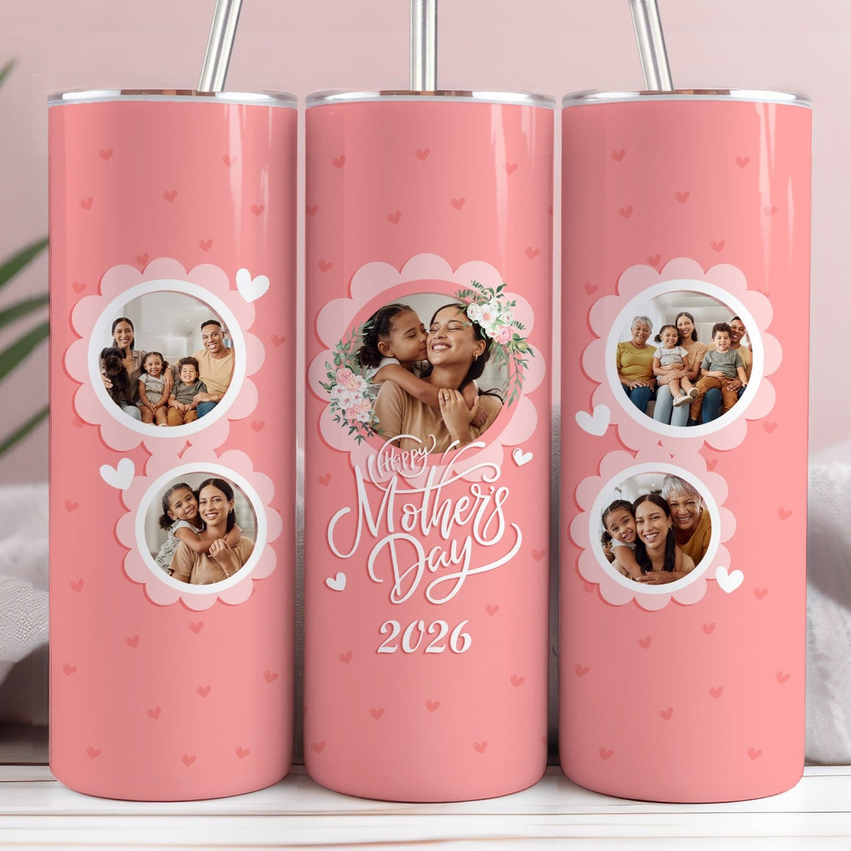 Custom heart photo tumbler for mom with pink background, personalized Mother’s Day gift with pictures.