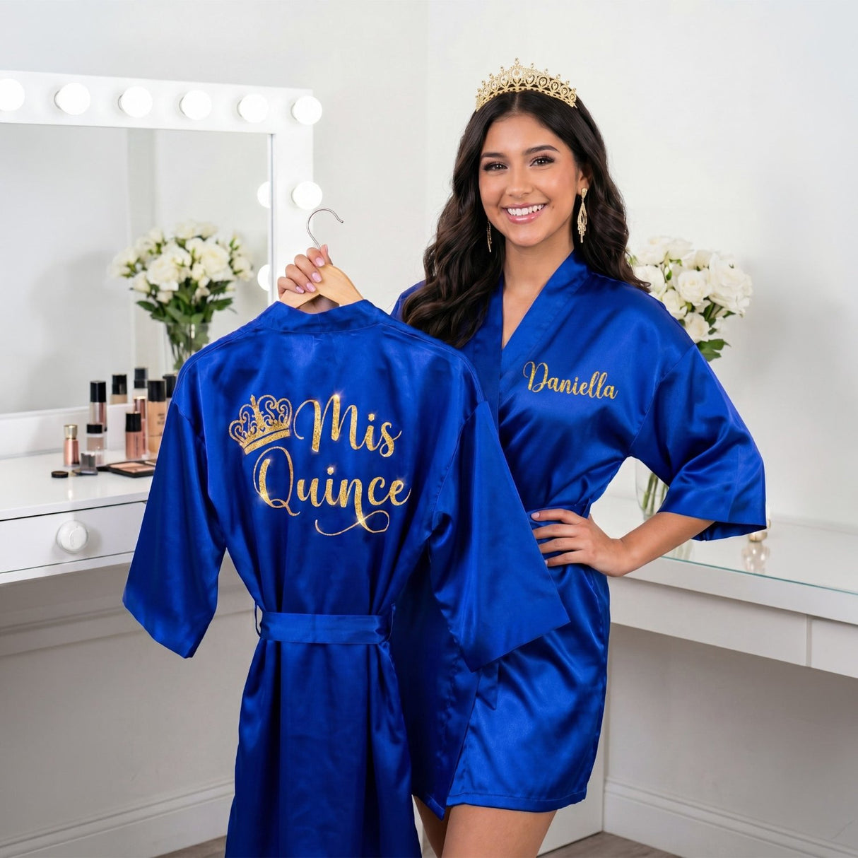 Royal Blue Deluxe Quinceanera Gift Box with Mis Quince Robe & Slippers - Gifts Are Blue