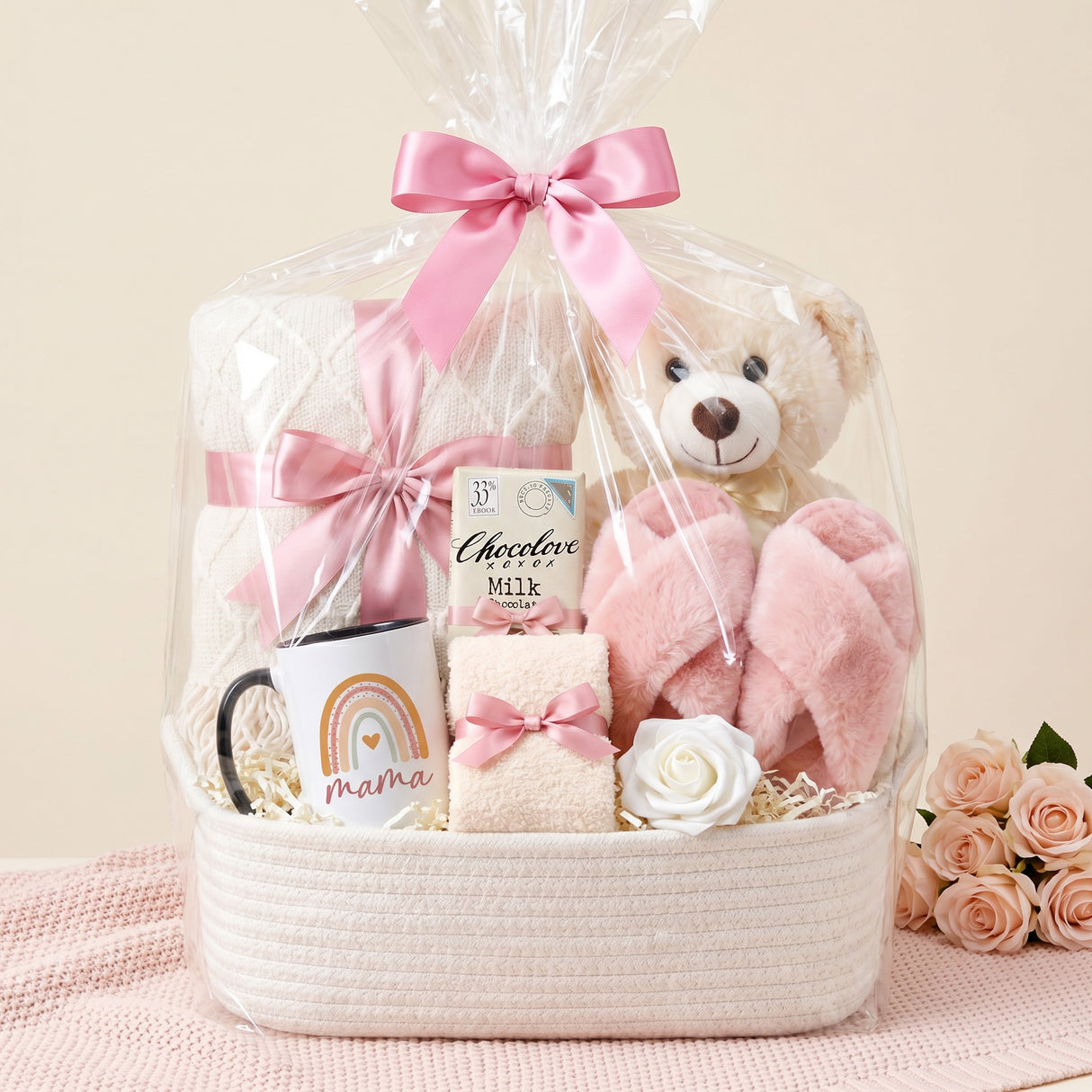 The Snuggle Set Mom Gift Basket with Blanket, Fluffy Slippers, & Teddy Bear