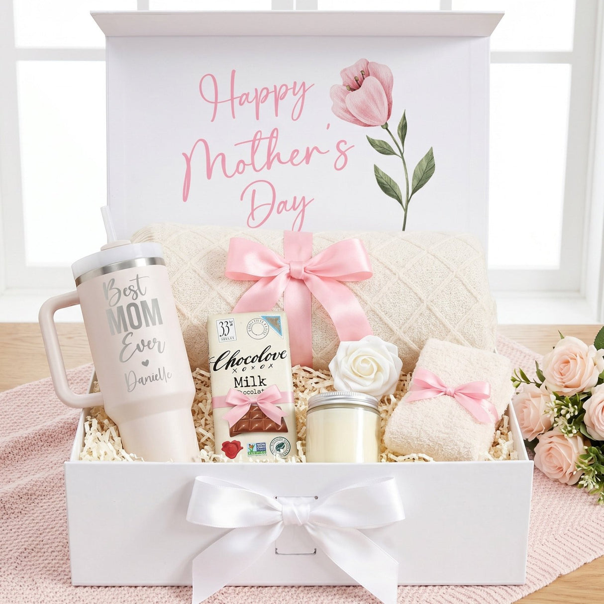 Sweet & Snuggly Personalized Mom Gift Box with Blanket and Fuzzy Socks - Gifts Are Blue