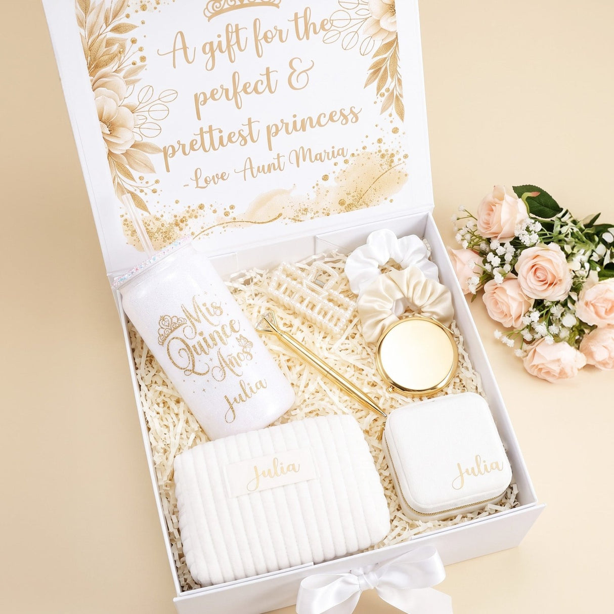 White and Gold Quinceanera Gift Box w Rhinestone Cup and Jewely Box - Gifts Are Blue