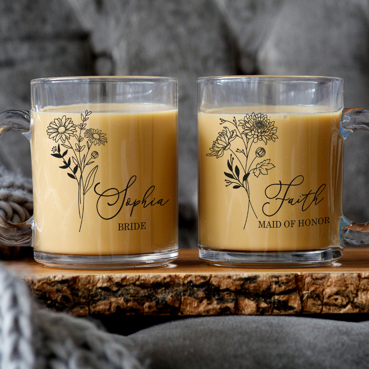 Custom bridal mug for bridesmaid boxes, and maid of honor gift box. Birth flower personalized bridesmaid mug.