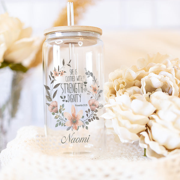 Christian Proverbs 31:25 Iced Coffee Glass Tumbler Inspirational Gift for Women