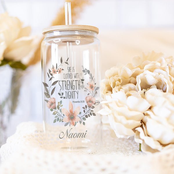 Christian Proverbs 31:25 Iced Coffee Glass Tumbler Inspirational Gift for Women - Gifts Are Blue