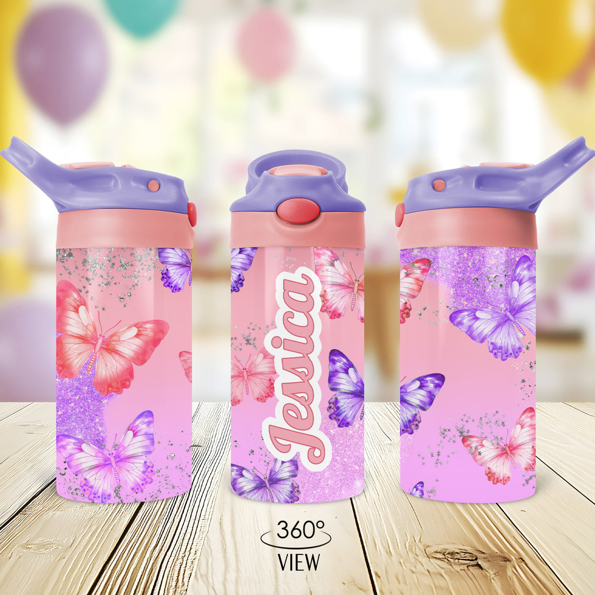 Back to school butterfly water bottle with name. A colorful, custom gift for girls who love butterflies.