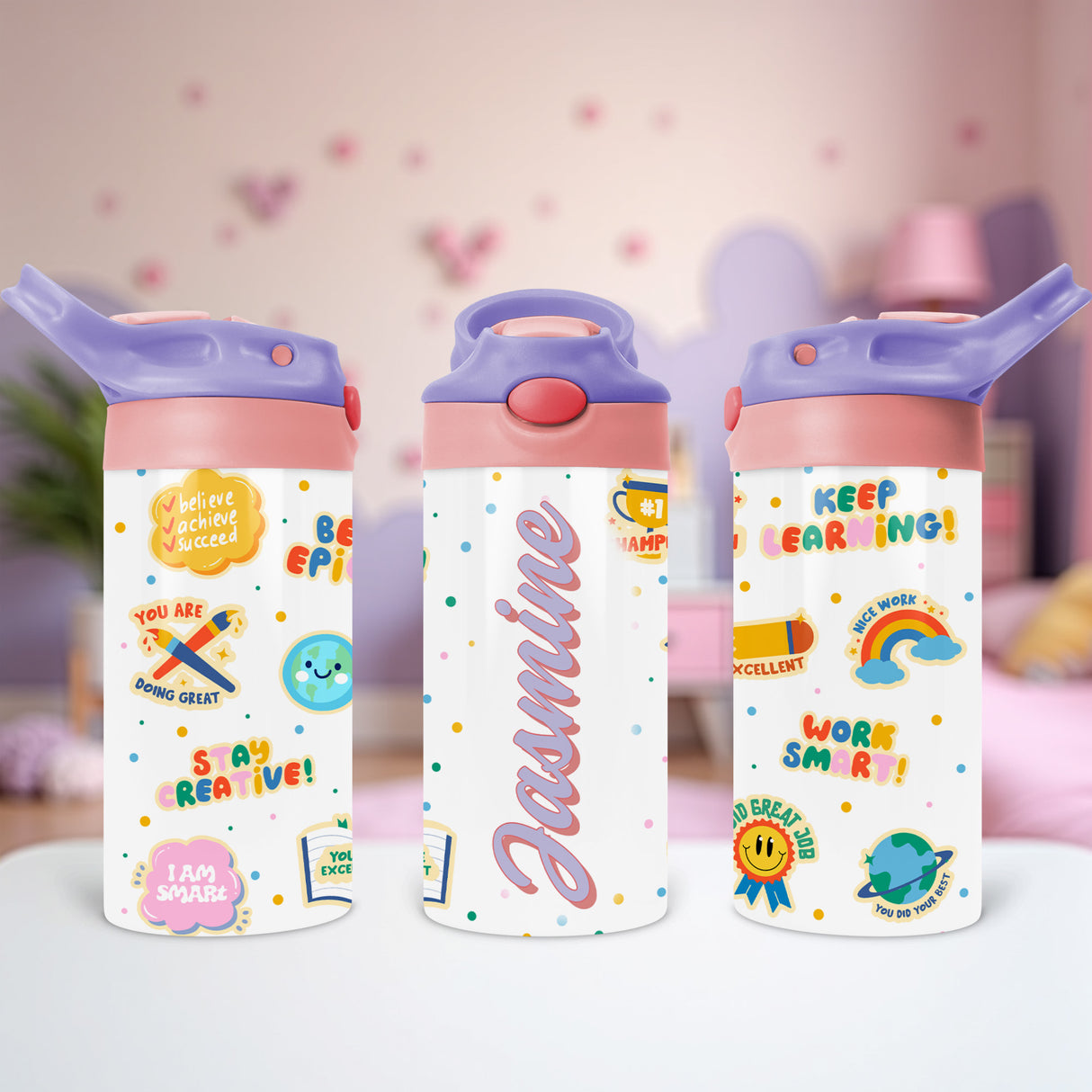 Personalized back to school gift water bottle for kids with custom positive affirmations and convenient flip top lid for daily use.