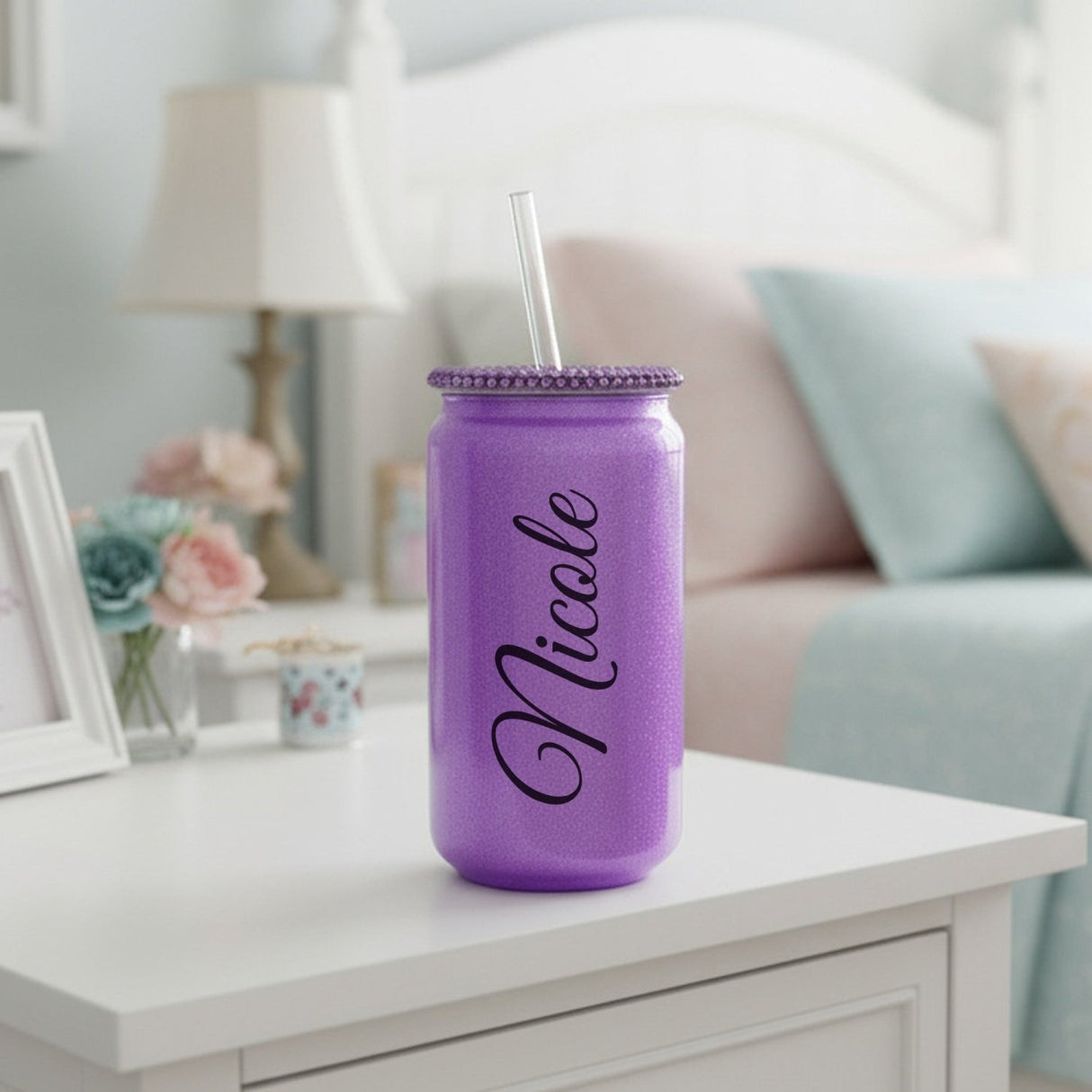 Rhinestone Glass Shimmer Cup with Straw, Custom Name, 16oz - Gifts Are Blue