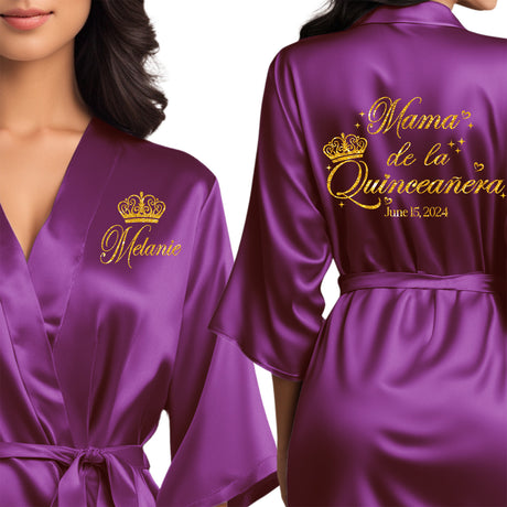 Personalized satin mama de la quinceanera robes. Purple quince robes with gold glitter design.