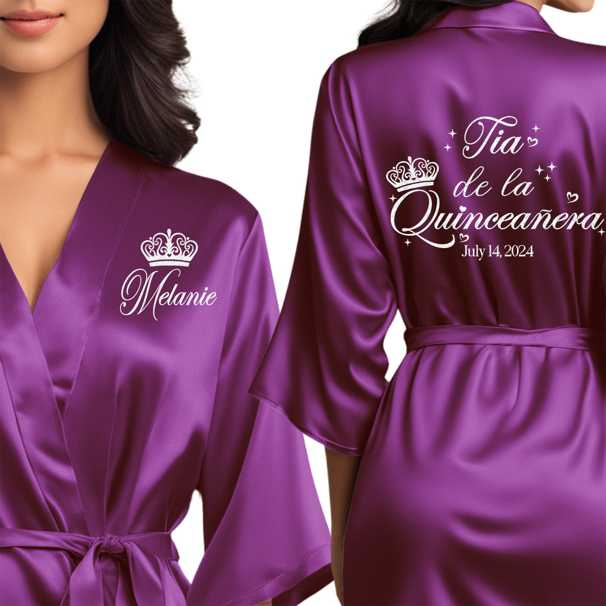 Beautiful quinceanera robes. Personalized satin robes for tia de la quinceanera.