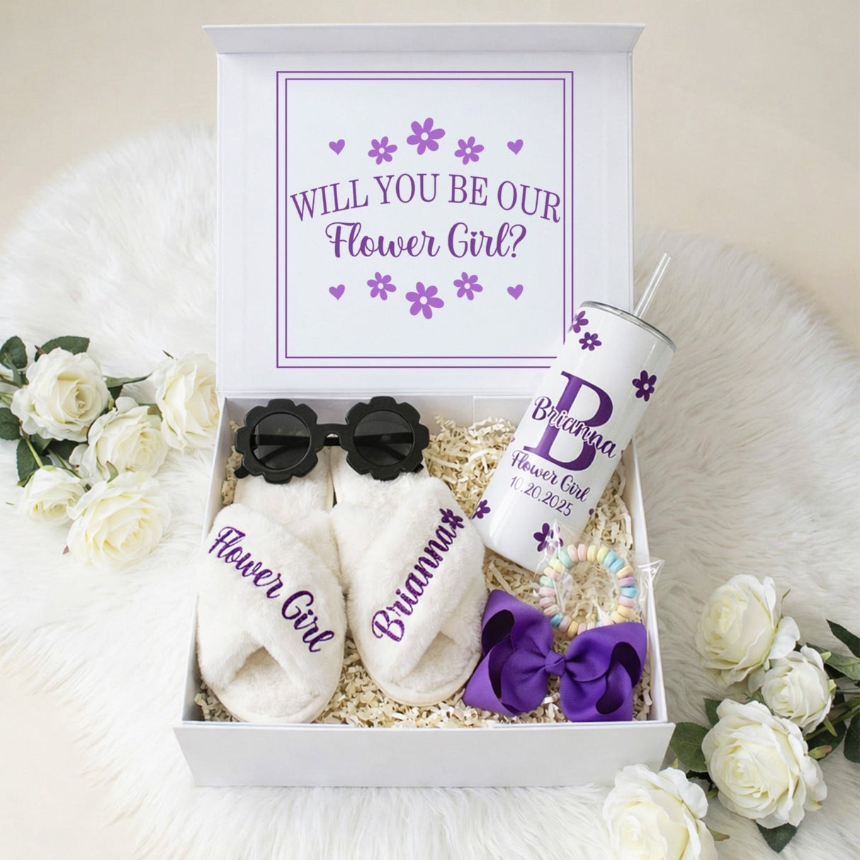 Sweet Pea Flower Girl Proposal Box with Fluffy Slippers & Tumbler - Gifts Are Blue