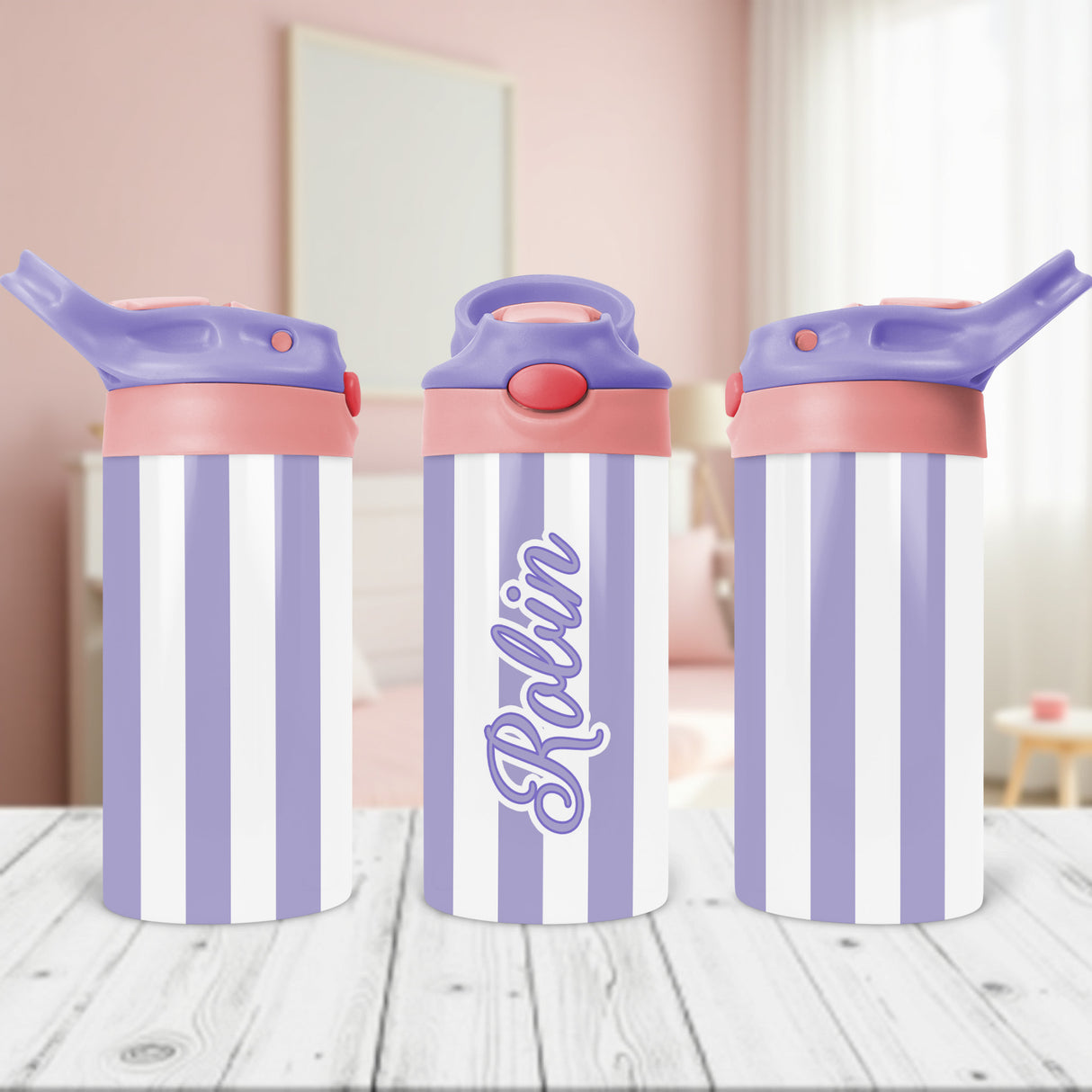 Personalized striped water bottle for kids with custom name, perfect for school and back to school gifts.