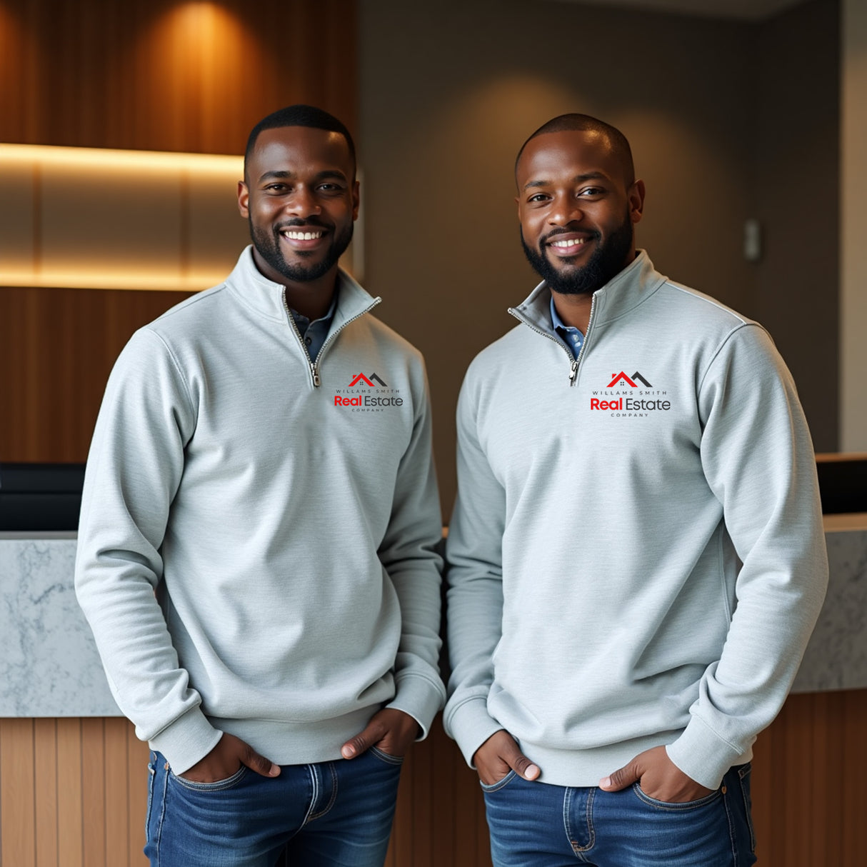 Quarter zip pullovers. Real estate company corporate logo gifts.
