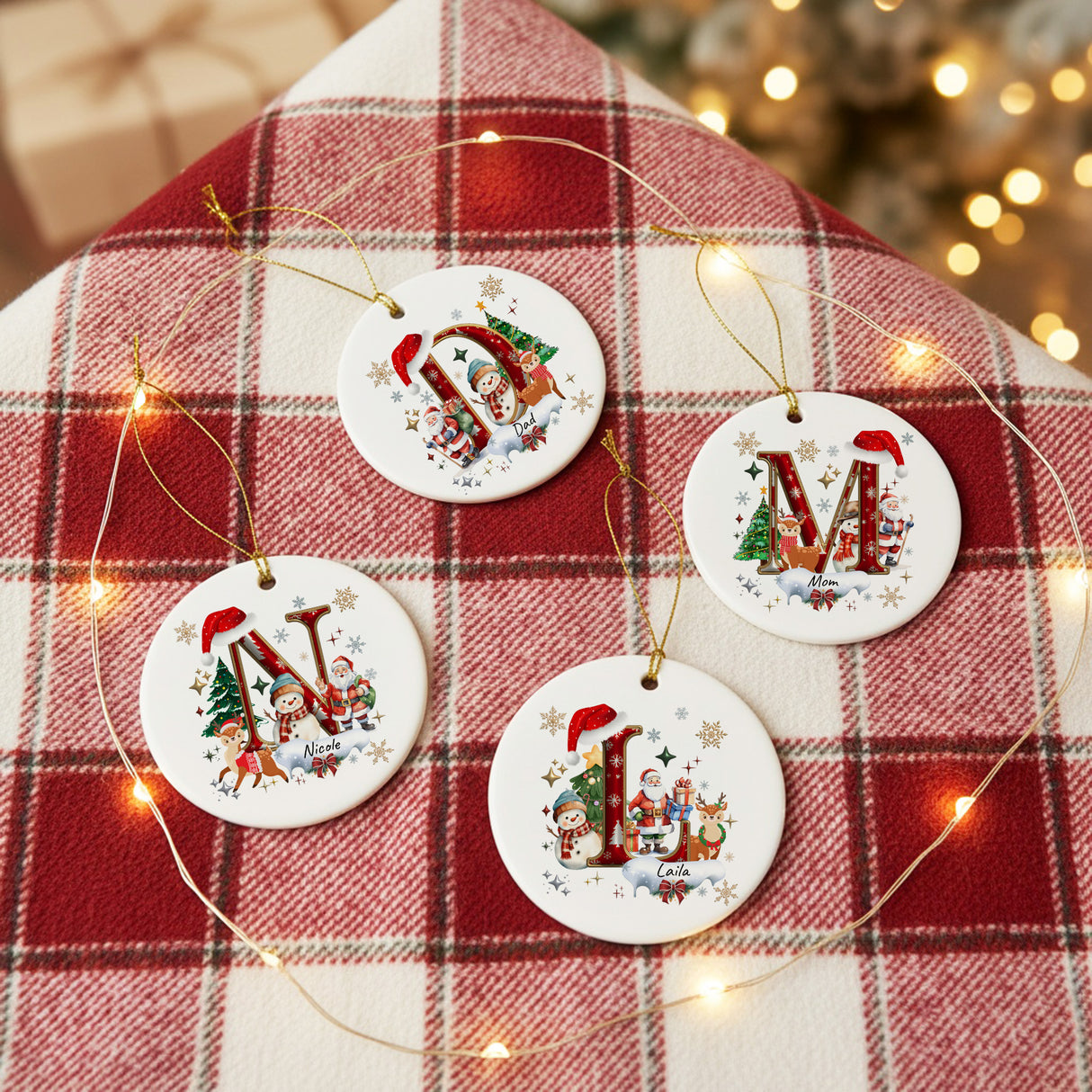 Red and Gold Initial Personalized Christmas Ornaments with Names, Set of 2, 4, 6, 8 and 10