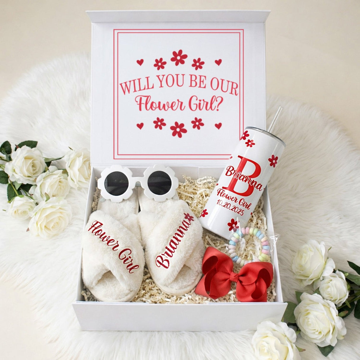 Sweet Pea Flower Girl Proposal Box with Fluffy Slippers & Tumbler - Gifts Are Blue