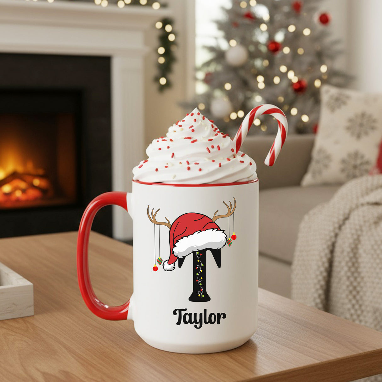 Christmas Lights Reindeer Initial Personalized Christmas Mugs for Kids and Adults