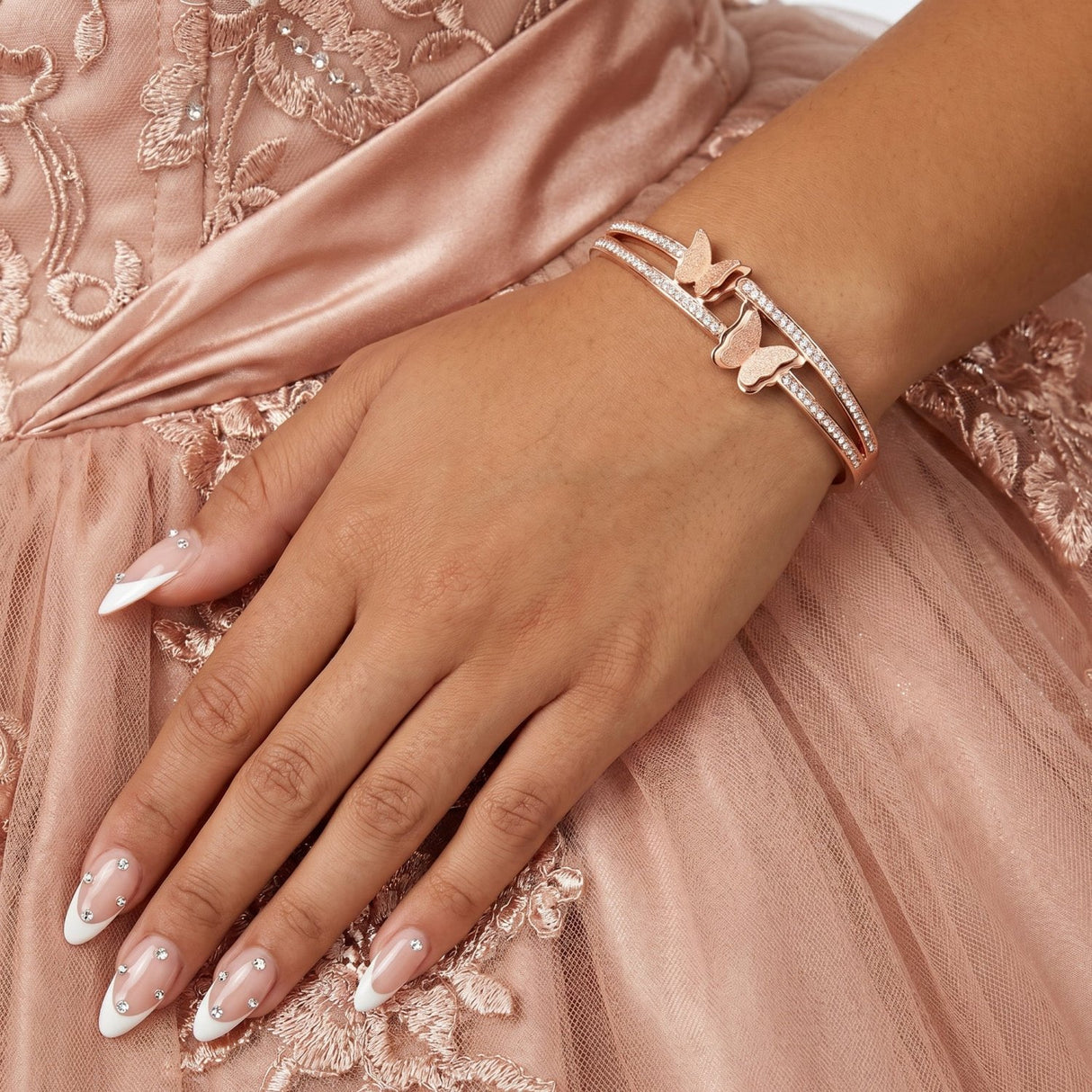 Rose Gold Quinceanera Gift Box w Rhinestone Cup and Bracelet - Gifts Are Blue