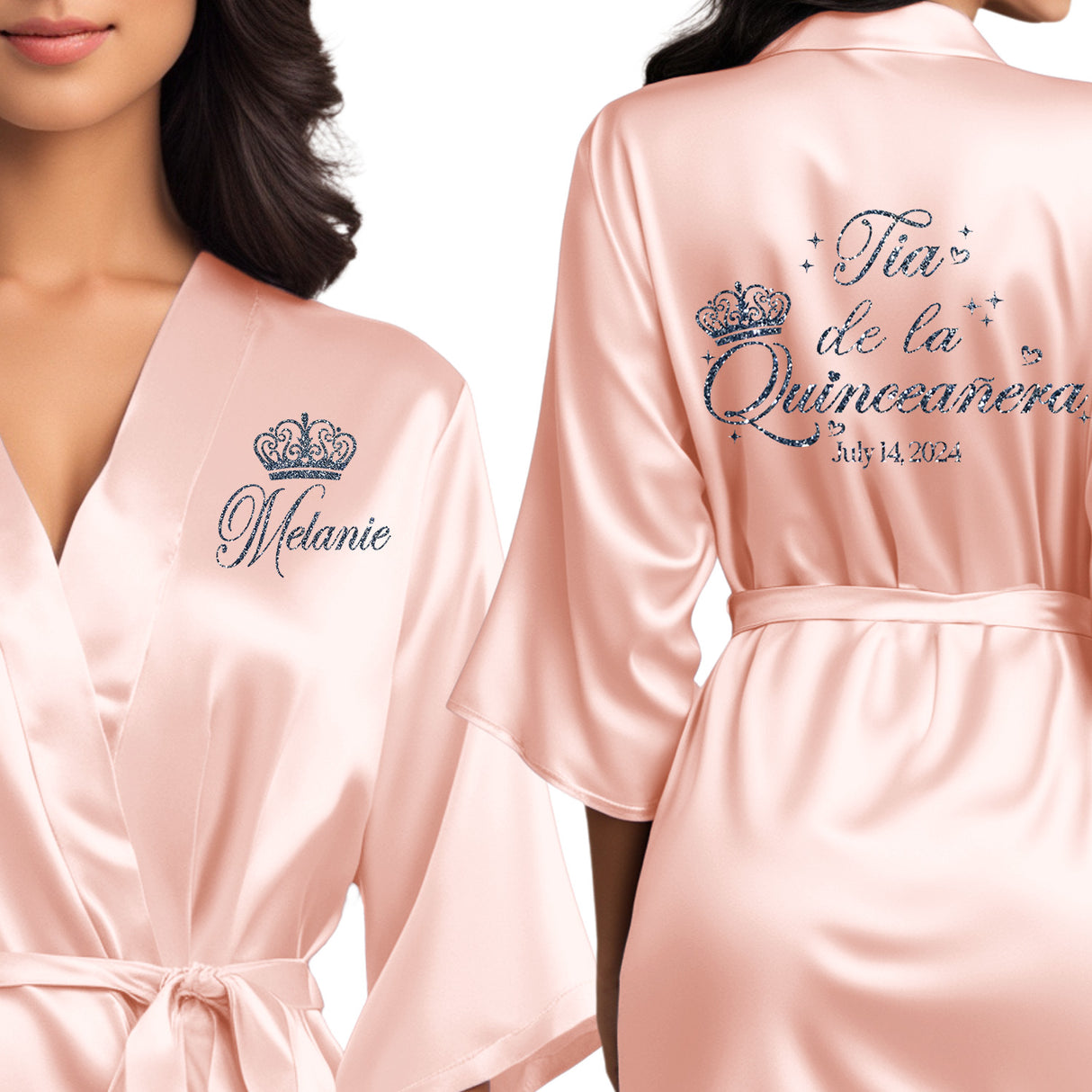 Beautiful quinceanera robes. Personalized satin robes for tia de la quinceanera.