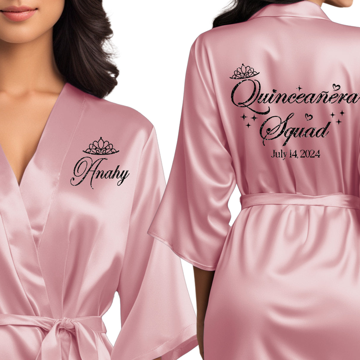 The perfect personalized satin quince robes for the entire quinceanera squad.