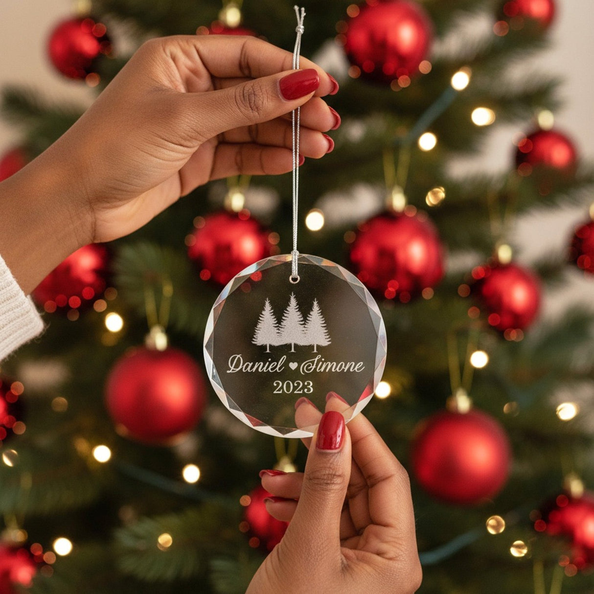 Couple Names w Trees Personalized Crystal Ornament for Christmas with Gift Box, Variety of Shapes - Gifts Are Blue