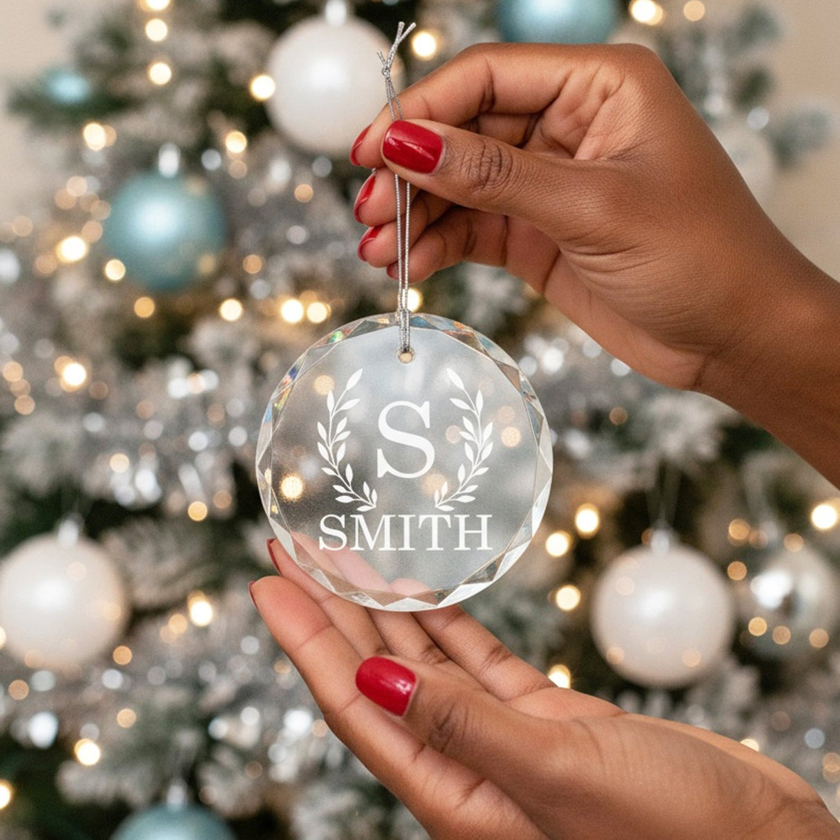 Wreath Initial Last Name Personalized Crystal Ornament for Christmas with Gift Box, Variety of Shapes - Gifts Are Blue