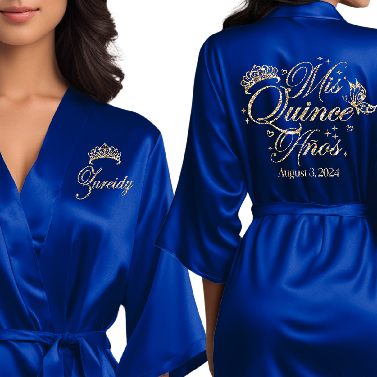 Pretty personalized royal blue satin quinceanera robes. The perfect getting ready mis quince anos robes with champagne glitter.