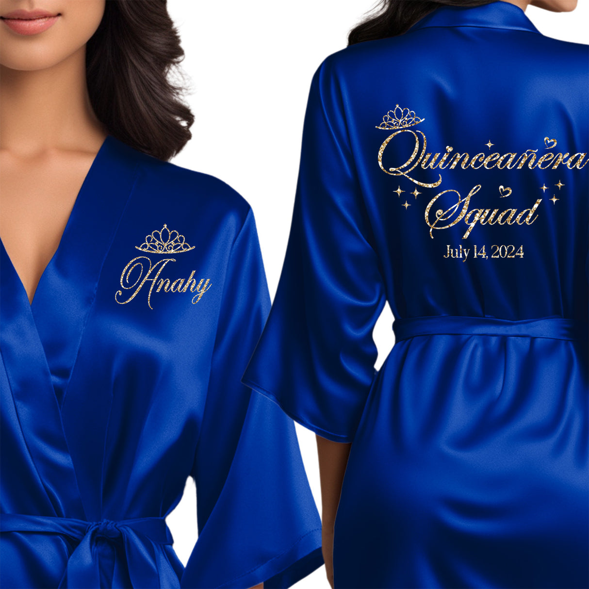 The perfect personalized satin quince robes for the entire quinceanera squad.