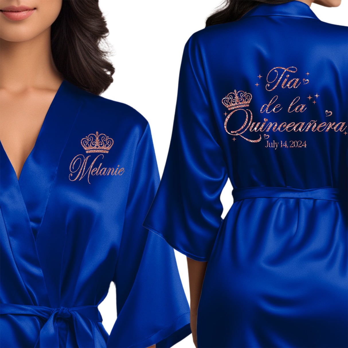Beautiful royal blue quinceanera robes. Personalized satin robes for tia de la quinceanera.