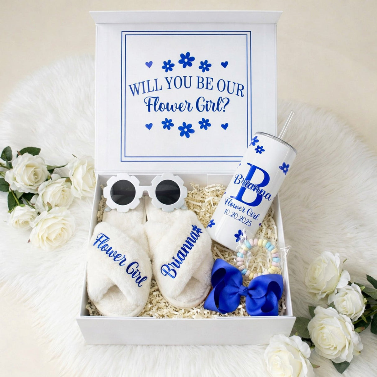 Sweet Pea Flower Girl Proposal Box with Fluffy Slippers & Tumbler - Gifts Are Blue