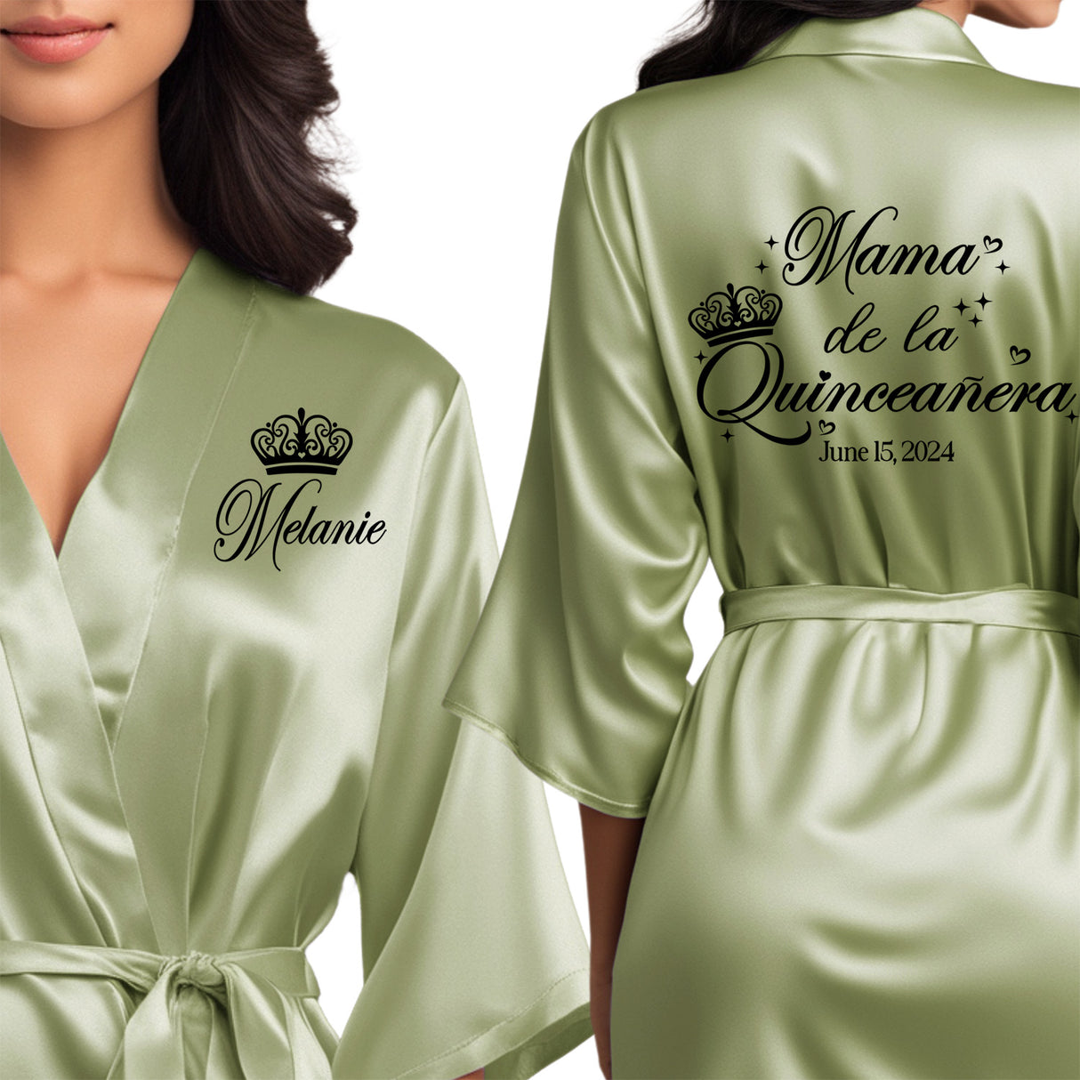 Personalized satin mama de la quinceanera robes. Sage quince robes with black design.