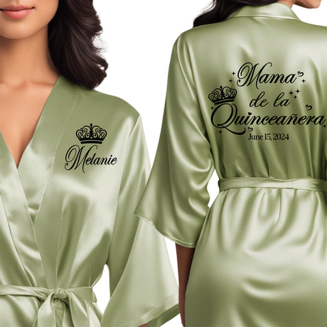 Personalized satin mama de la quinceanera robes. Sage quince robes with black design.
