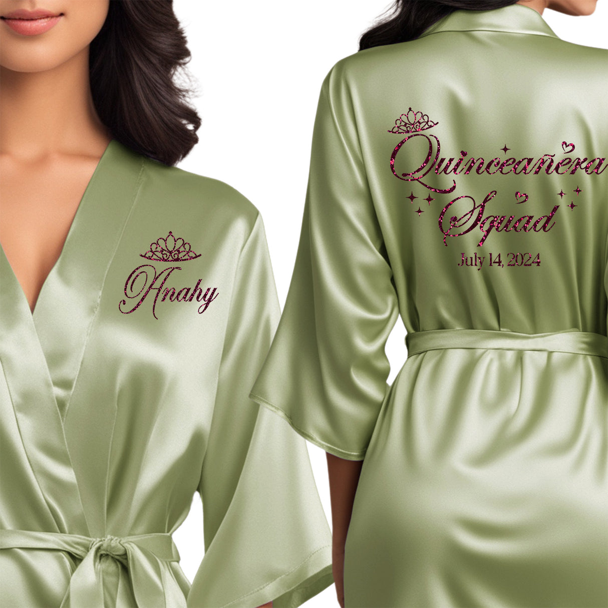 The perfect personalized satin sage green quince robes for the entire quinceanera squad.