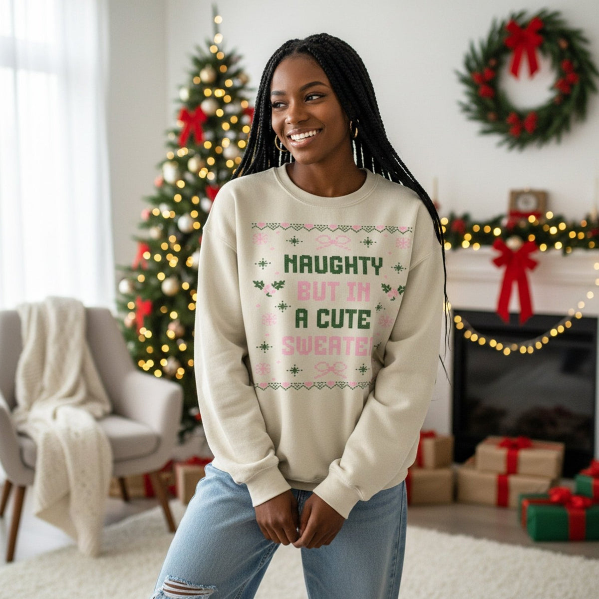 Naughty But in a Cute Sweater Christmas Sweatshirt for Her - Gifts Are Blue