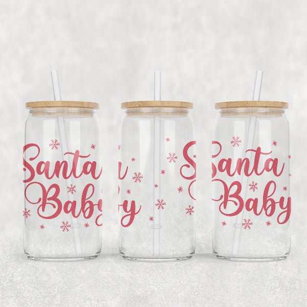 Santa Baby Clear Iced Coffee Glass Christmas Tumbler with Straw and Lid - Gifts Are Blue