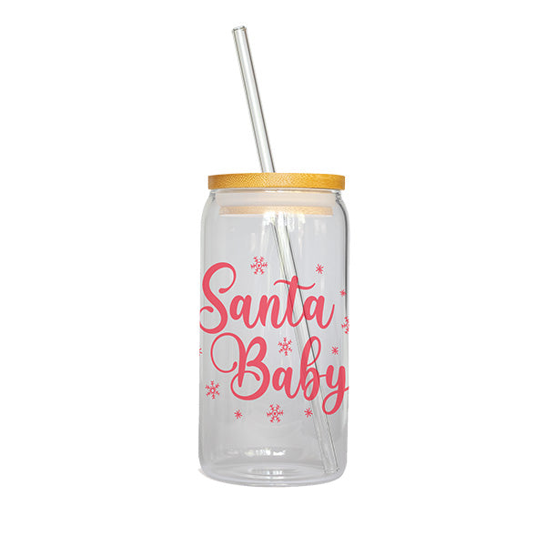 Santa Baby Clear Iced Coffee Glass Christmas Tumbler with Straw and Lid
