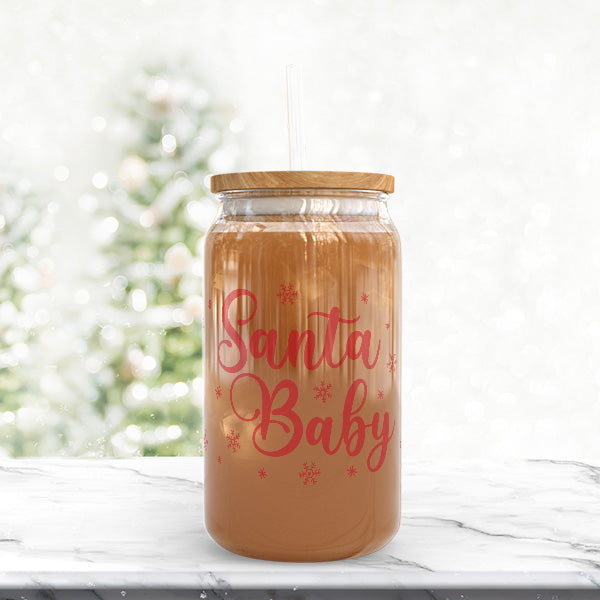 Santa Baby Clear Iced Coffee Glass Christmas Tumbler with Straw and Lid